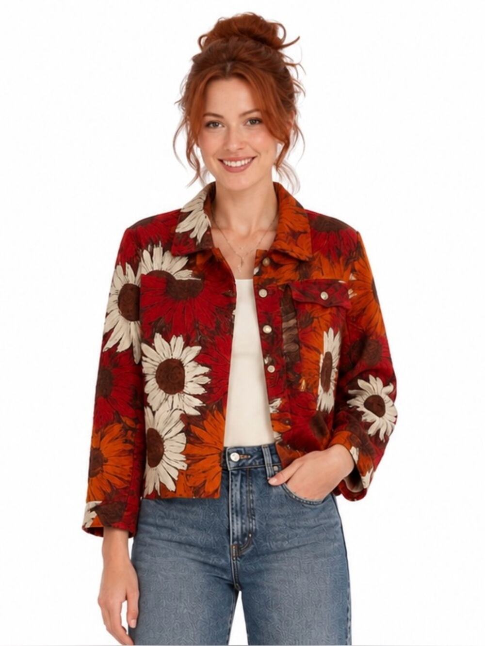 French Laundry denim jacket w/ vibrant sunflower and leopard print pattern. M